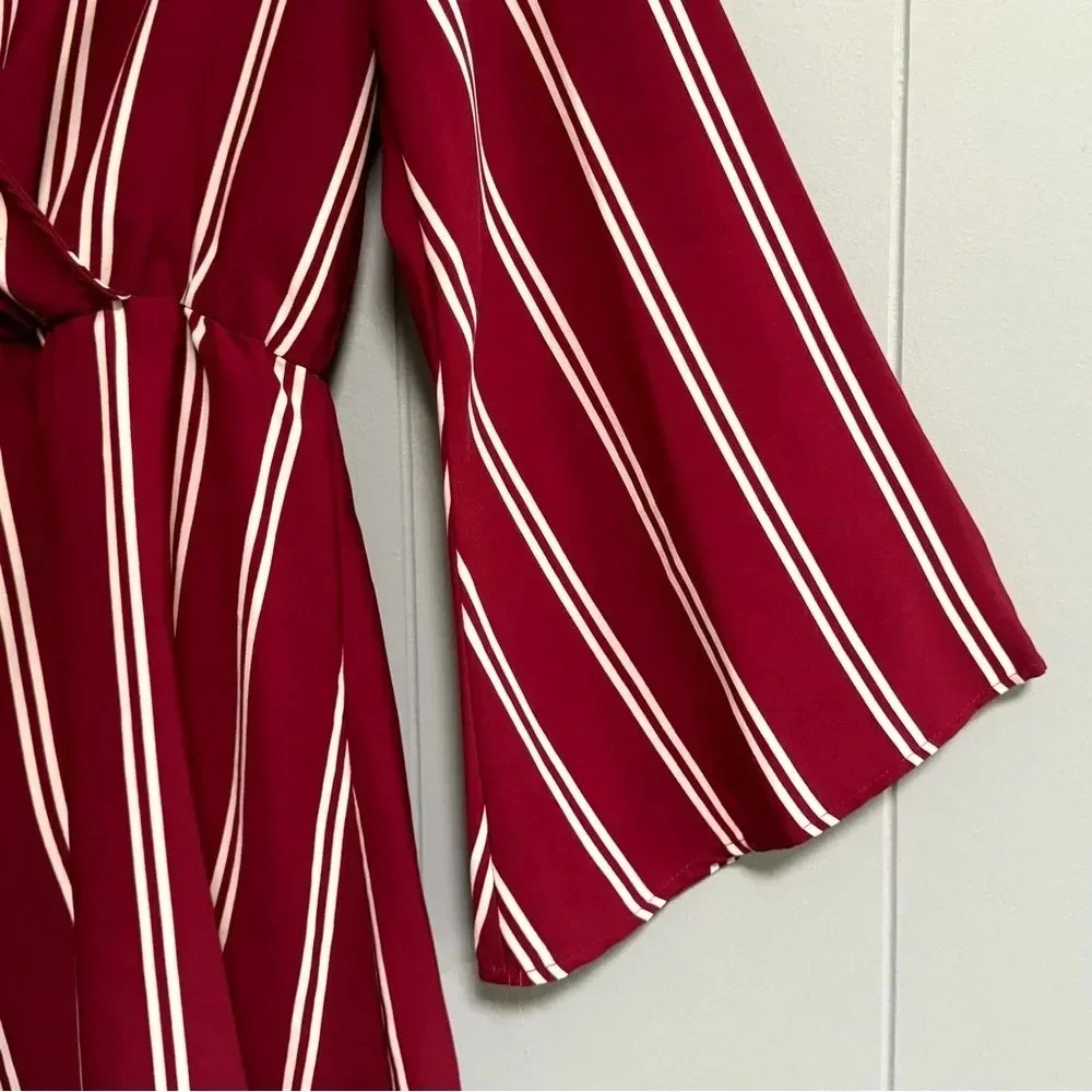 PEPPERMENT Vneck Long Flare Sleeves Back Tie Burgundy Stripe Short Romper Size M